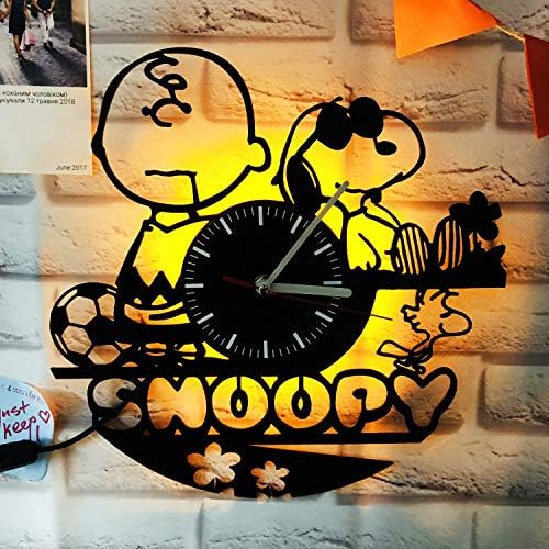 Vinyl Wall Clock Compatible with Snoopy LED Backlight Vinyl Night Atmosphere Light Lamp Creative Classic Cool Living Room Interior Decor Led Time Clock with Light (Yellow)