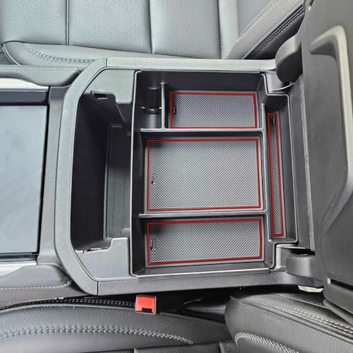 Image of TOPINSTALL 2026 Power-Sliding Console Tray Compatible with 2021-2026 Chevy Tahoe /Suburban /GMC Yukon Accessories, Red Full-Size Armrest Organizer (Not for Standard Console with Charging Socket!)