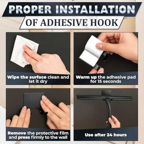 Image of Shower Door Squeegee with Hook - 12 inch Silicone Blade, Stainless Steel Black Squeegee for Shower Glass with Adhesive Mount - All-Purpose Bathroom Tile, Mirror, & Window Wiper for Streak-Free Cleaning