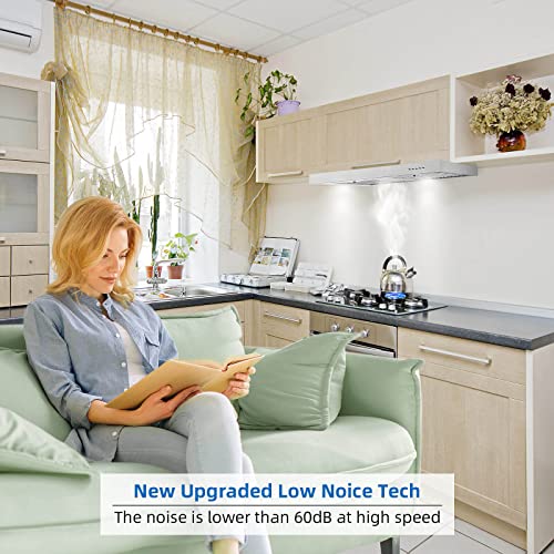 Image of Wall Mount Range Hood 30 Inch T Shape 900CFM Stainless Steel Vent Hood with Split Type Permanent Grease Baffle Filter, Stove Hood Chimney Style Kitchen Exhaust Fan, Ductless Convertible