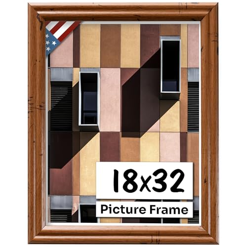 Distressed Oak 18x32 Picture Frame .75" Inch Wide - Handmade American Solid Wood Picture Frames with Preinstalled Hangers and UV Blocking Plexiglass Frames