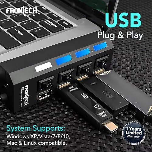 Image of Frontech 4-Port USB Hub with Individual On /Off Switches, LED Indicators, 40 cm Cable, Optional Power Input Port, Plug-and-Play Multi-Device Connectivity, Backed with 1 Year Warranty