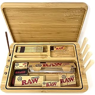 Reds Tips RAW SPIRIT BOX - Wooden Rolling Tray Box with Cones, Papers and Tips Set