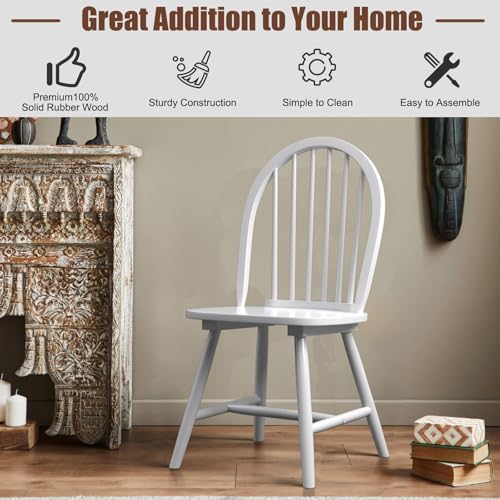 Image of COSTWAY Windsor Dining Chairs Set of 2, Mid-Century Modern Wood Chairs w /Spindle Back & Reinforced H-Shaped Legs, Farmhouse Armless Kitchen Chair for Living Dining Room, Restaurant (White)