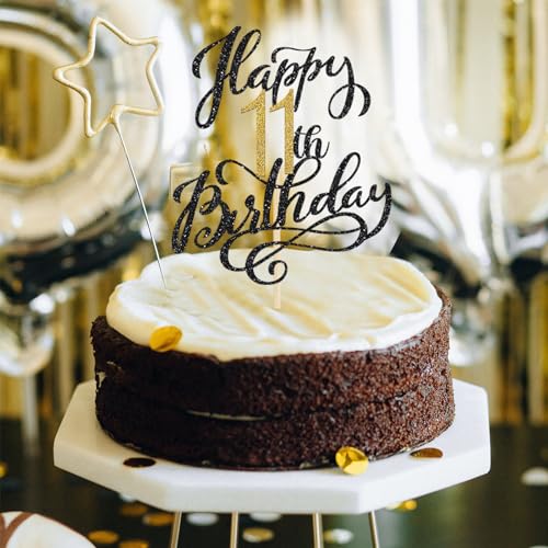 1 Pack Happy 11th Birthday Cake Topper Glitter Black Gold Birthday Cake Decoration 11 Fabulous Cake