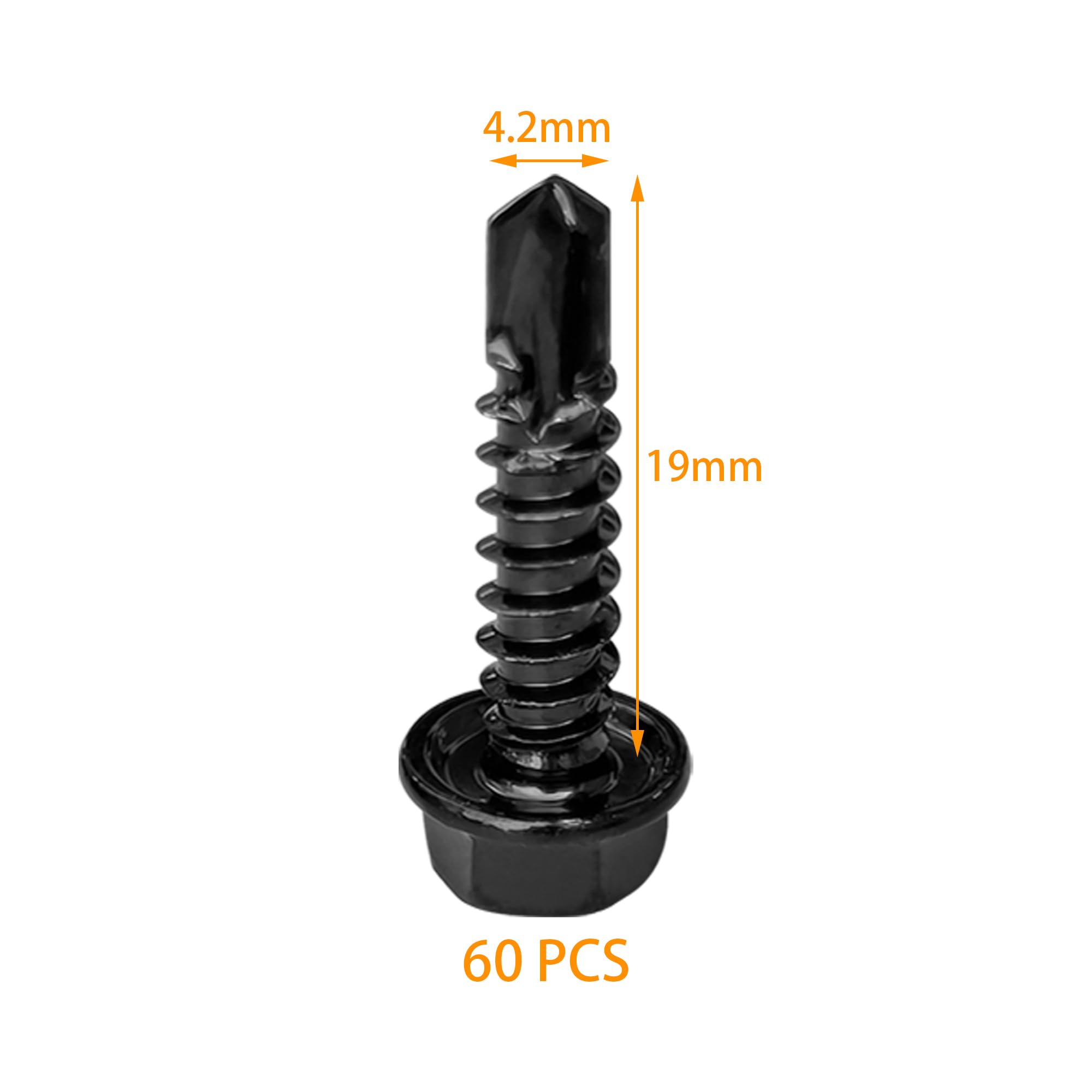 60 PCS Hex Head Self-Tapping Screws for Metal,Black 410 Stainless Steel Self-Drilling Screws (M4.2 * 19mm) - Image 4