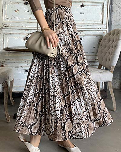 ebossy Women's Snakeskin Leopard Print Elastic Waist A-Line Pleated Long Skirt2