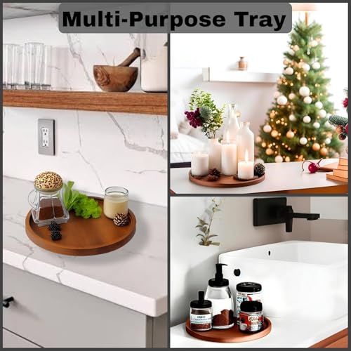 Image of WOOYNEX Round Decorative Tray Serving Trays for Food and Drinks Rustic Wooden Coffee Table Trays Home Decor Farmhouse Centerpiece One Set of Ottoman Kitchen countertops (Brown)