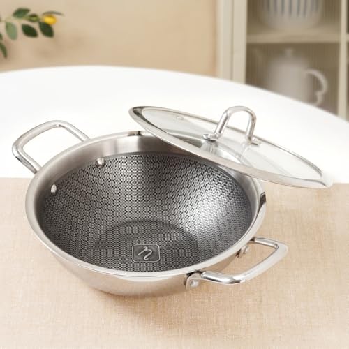 Image of Nestasia Triply Stainless Steel Honeycomb Kadai with Glass Lid 24 cm (3L) - Non Stick Kadhai with Air Vent Lid for Healthy Cooking | Induction & Gas Stove Friendly, Even Heating, Less Oil Use