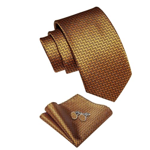 Image of YourTies Gold Ties for Men Striped Tie Woven Silk Golden Necktie Handkerchief Cufflink Formal Business Party Wedding