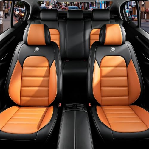 Image of Full Set Car Seat Covers for Jeep Compass 2007-2026, Waterproof Stain-Resistant Seat Cover, Premium Nappa Leather Seat Protectors with Storage Pockets(Standard 5 Seats /Black&Orange)