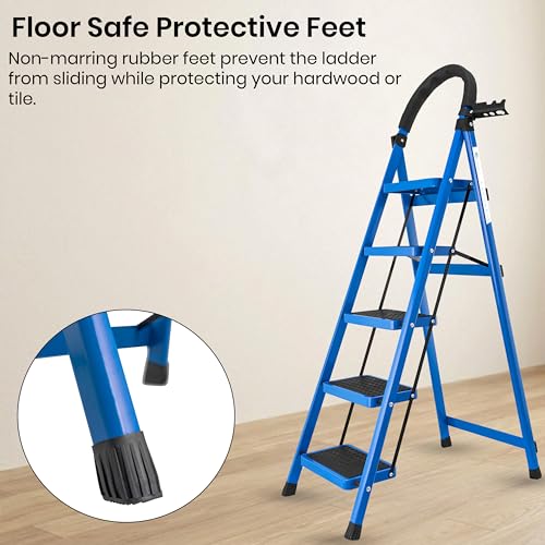 Image of Norman Jr Blue 5 Step Ladder for Home Use with Built-in Tool Tray | Heavy Duty D Shape Rods | Ultra Large Platform | Wide Rubber Feet | 150Kg Capacity Foldable Ladder - 7 Years Warranty