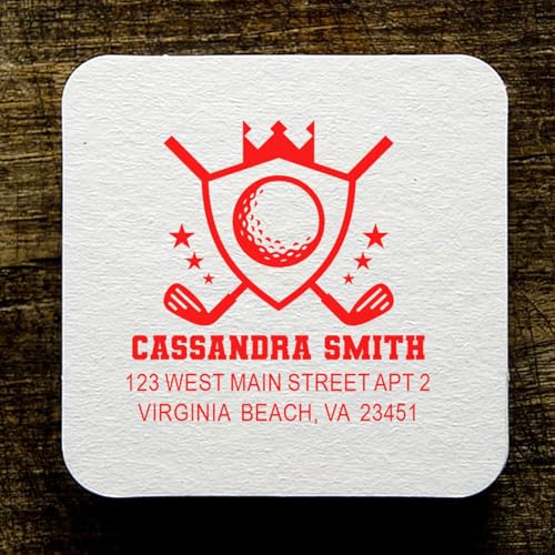Image of Self Inking Address Stamper Golf Champion Crest - Custom Address Stamp | Golf Address Stamp. Choice of 11 ink colors. Office Address Stamper. Engraved after you order. One household per die.