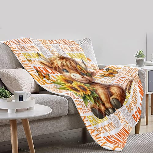 Image of Cute Highland Cow Name Blanket, Custom Highland Cow Name Gifts for Boys Girls,Soft Flannel Animal Throw Blanket,40 inchx50 inch for Kids