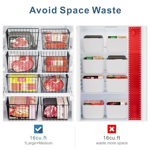 Image of iSPECLE Freezer Organizer Bins - 6 Pack Stand Up Freezer Organizers for 16 Cu.Ft Upright Freezer, Storage Baskets for Meat & Veggies, Prevents Items Falling, Slide-Out Access, 3 Large 3 Medium, Black | Wire Baskets 3 Large & 3 Medium Sizes, Slide-Out for Easy Access, Prevent Food Falling Out, Keep Stand-Up Freezer Organized