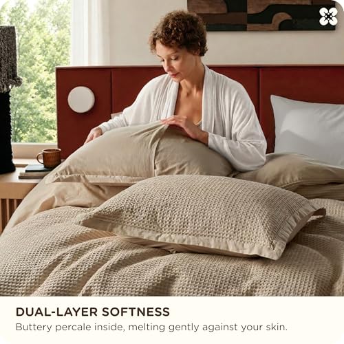 Image of Bedsure Cotton Duvet Cover Set - 100% Cotton Waffle Weave Khaki Duvet Cover California King Size, PureWoven Breathable Cal King Tan Bedding Set for All Season, 3 Pieces, 104 inchx98 inch