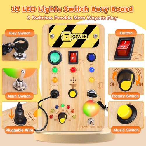 Image of TINTECUSA Busy Board Montessori Toys for Toddler, Wooden Sensory Board Switch Toy with Color-Changing LED Light Up Travel Toys Educational Plane Travel Activity for 1-6 Year Old Girls & Boys Gifts