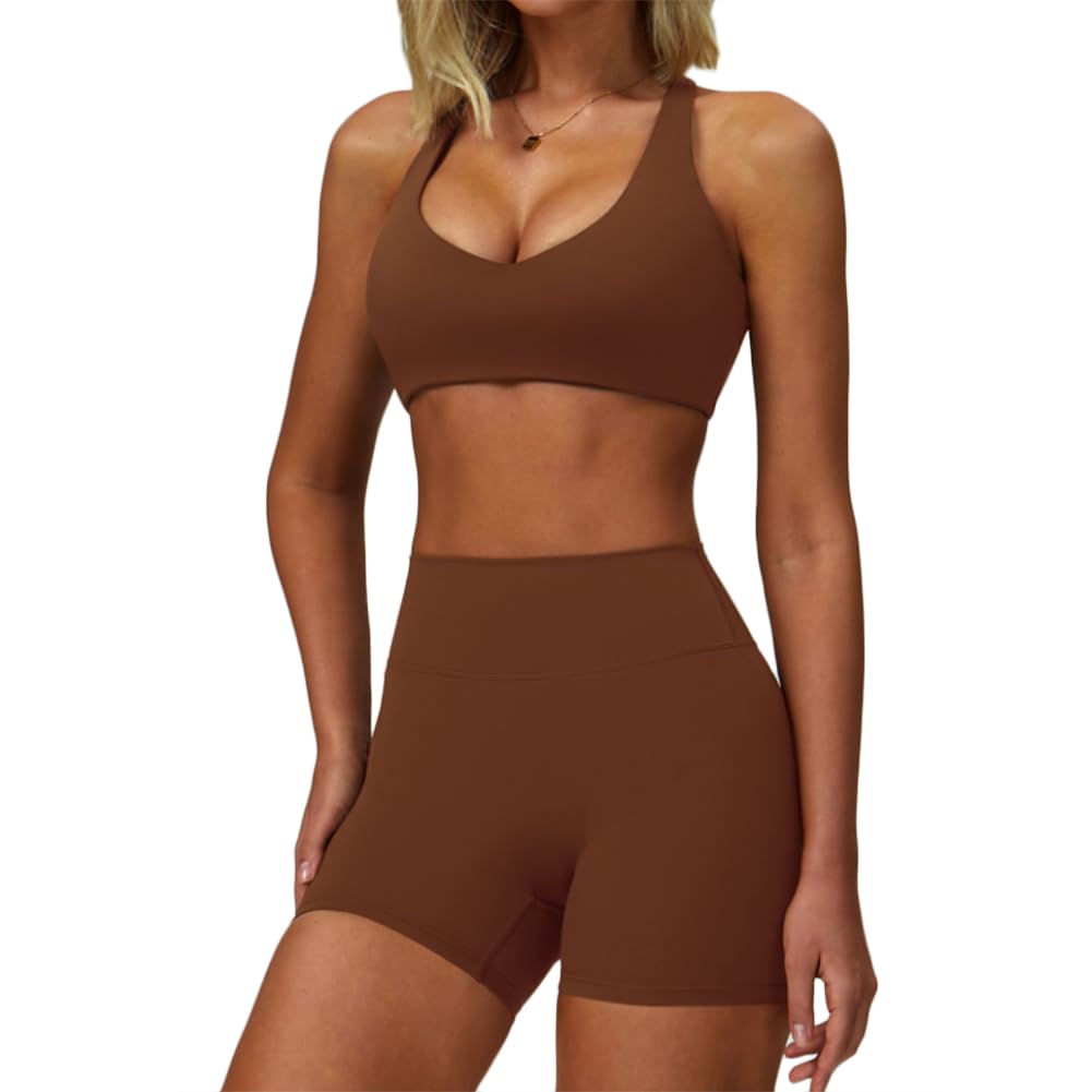 XYFfybhsd Women Workout Activewear Sportswear Yoga Gym Set Sports Halter Bra and High Waist Shorts 2 Pieces (Size:M,Color:Brown)