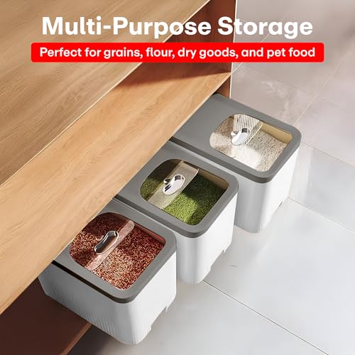 Image of Rioware Rice Storage Container 10Kg Kitchen Dispenser Set Containers | Airtight Moisture Proof Plastic Grain Dispensers | Rotating Daal Store Box For Pulses Dal, Cereals - Greyish White Ricelux