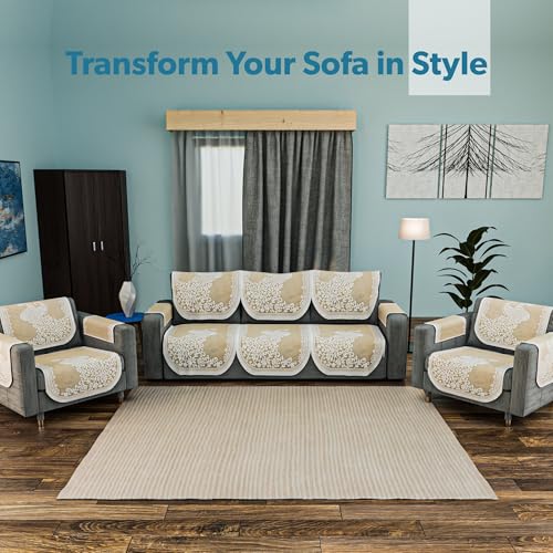 Image of Kuber Industries (Set of 16) Stylish & Durable Cotton Sofa Covers 5 Seater with Arms | Washable Sofa Protector & Slipcover for Living Room & Office | Peocock Design - Cream