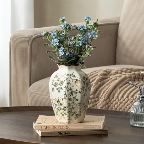 Image of Ceramic Flower Vase | Green Rustic Farmhouse Vase for Home Decor, Vintage Floral Pottery Tuscan Octagonal Vase for Living Room & Kitchen, Mantel & Bookshelf, Centerpieces, Entryway, Wedding(6.7 Inch)