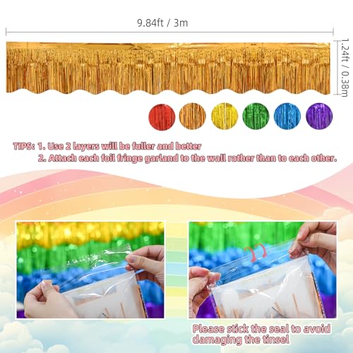 Image of LOLStar Rainbow Foil Fringe Tinsel Garland, Streamers Banner, 6 Pack | 60Ft Tinsel Streamers, Shiny Rainbow Tinsel Fringe Banners for Birthday, Pride Month, Parade Floats, Wedding Decor