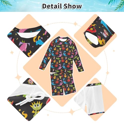 Cute Cartoon Dragon Boys Swimsuit Rash Guard Toddler Kids Long Sleeve Swim Shirt and Trunks 2 Piece Swimwear Set 3-10Y3