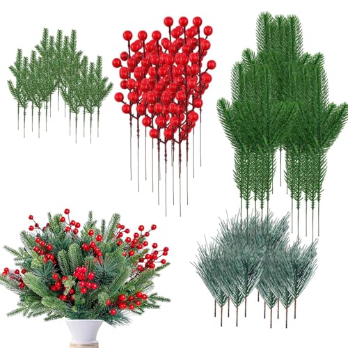 Ramas de Pino Artificial | 60 Piezas Ramas de Pino con Bayas Rojas Falsas | Follaje Navideño Artificial | Para Chimenea Puerta Maceta Cocina Porche Navidad Exterior Repisa Decoración Invierno