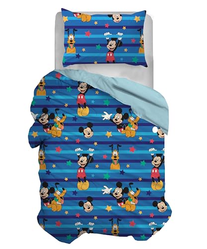 Topolino Mickey Mouse, Set Copripiumino Singolo Cotone, Blu, Sacco 155x200, Federa 50x80, Disney, 100% Cotone, Prodotto Ufficiale