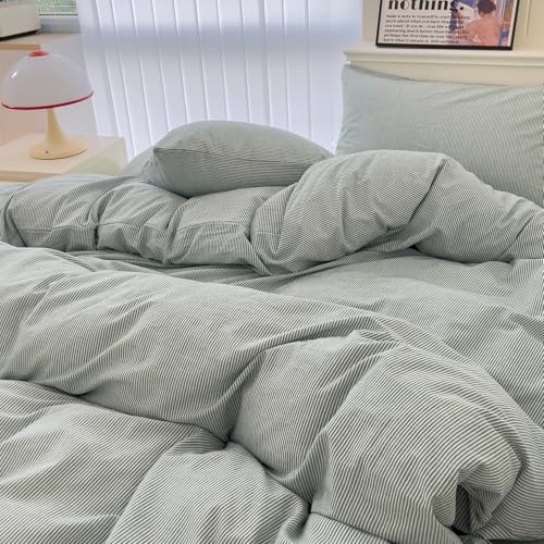 Image of mixinni Green Striped Duvet Cover Full Size - 100% Washed Cotton Pinstripe Comforter Cover with Zipper Closure, Lightweight & Breathable, 3 Pieces Minimalist Stripes Pattern Printed Bedding Set