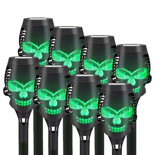 8 Pcs Halloween Solar Flame Lamps, LED Solar Flame Lamps, Dancing and Flickering Flame Torch Lamps, Outdoor Courtyard Waterproof Skull Decoration Lamps (Green)