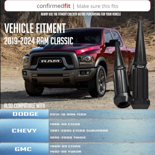 Image of Wheel Accessories Parts 20 Pcs + 1 Key M14x1.50 14x1.50 Thread Spike Spline 4.40 inch Long Lug Nuts Black Truck Spline Hex Fits Chevy C1500 | GMC 1500 | RAM 1500 Classic | Jeep Wrangler