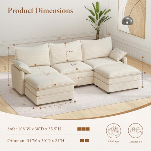 Image of Vesgantti 108 inch U Shaped Sectional Couch, Comfy Cloud Modular Sectional Sofa with 2 Ottoman Deep Seat Corduroy Modern Cloud Sofa, Modular Sofas for Living Room, Bedroom and Apartment, Beige