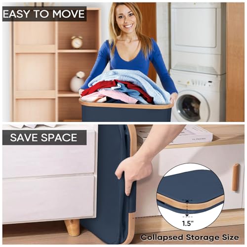 Image of BALEINE Laundry Hamper with Lid, Tall Laundry Baskets with Bamboo Pull Handles, Large Laundry Bin with Internal Support (36 Gal /140L, Blue)