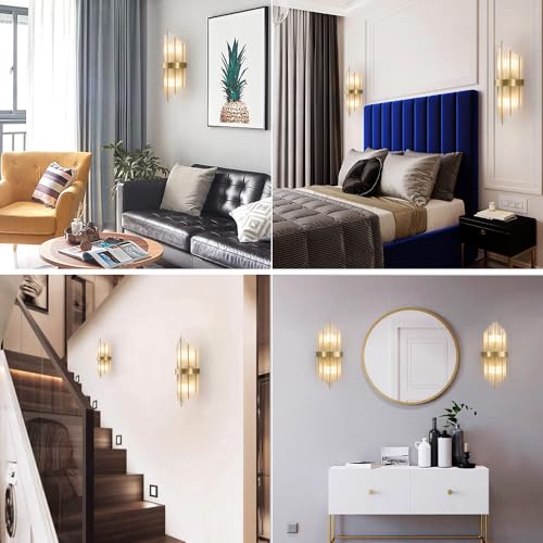 Image of Modern Brushed Titanium Gold Wall Sconce, Clear Glass Crystal Luxury Wall Light with Two E14 Bulbs, for Bedroom, Living Room, Bathroom Mirrors, Dressing Table, Bedside Table, Staircase, and Hallway