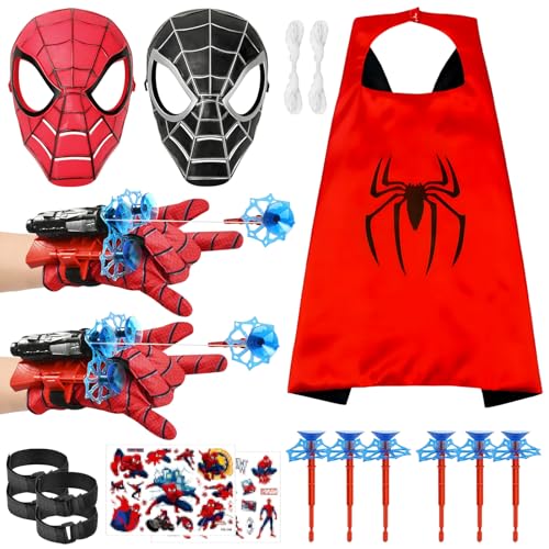 Juegos de Guantes de Lanzador, Lanza Telarañas Spiderm, Guantes Spiderm Lanza Telarañas, Spiderm Juguetes Niño con Máscara y Capa, Launcher Glove, Juegos Infantiles para Fiestas de Cosplay (B)
