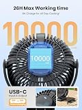 Warmco Przenośny wentylator biurkowy o pojemności 10000 mAh, obrót o 720° i montaż 3 w 1, 4 ustawienia prędkości, światło LED, szybkie ładowanie USB-C, konstrukcja o niskim poziomie hałasu