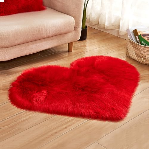 ZuTKekon Faux Fur Sheepskin Heart Shaped Area Rugs, Luxurious Wool Love Floor Carpets Bathroom Non-Slip Mat for Home Decor Nursery Living Room Bedroom