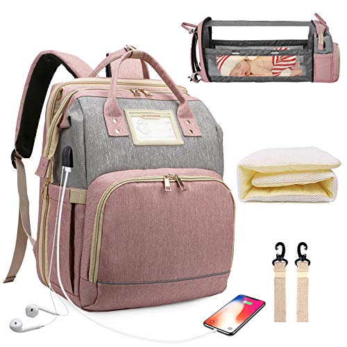 Diaper Bag with Baby Foldable Bed, Travel Mommy Back Pack with Diaper Changing Station, 3 in 1 Waterproof Nappy Bag Backpack for Boy/Girl, USB Port/Headphone Hole (Pink+Grey)