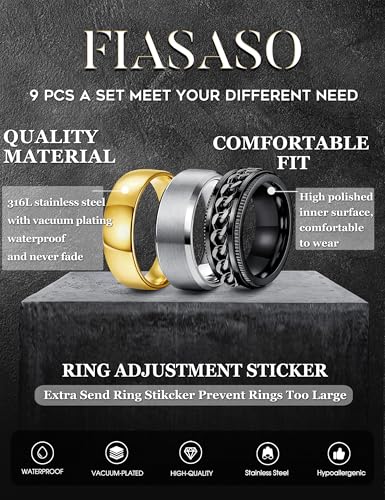 FIASASO 9Pcs Rings for Men Gold Silver Mens Rings Stainless Steel Wedding Bands for Men 8MM Width Mens Wedding Band Ring Set Silver Black Gold Male Promise Bands Ring Size 6-142