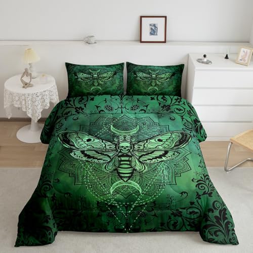 Image of Feelyou Boys Girls Gothic Bedding Set Full Size, Dark Green Damask Comforter Set Kids Death Moth Bohemia Boho Duvet Insert Teens Bedroom Decor with 2 Pillow Case