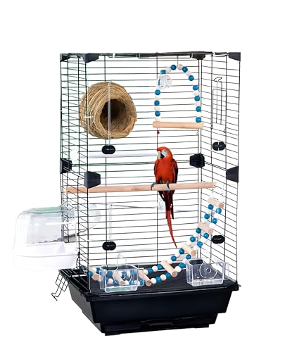 MissTiara Bird Cage Set for Parakeets Lovebirds Cockatiels Finches Budgies Metal Birdcage with Perch Feeders Ladder & Nest Easy to Clean Portable Parrot Cage for Small Bird (Black A-Style)