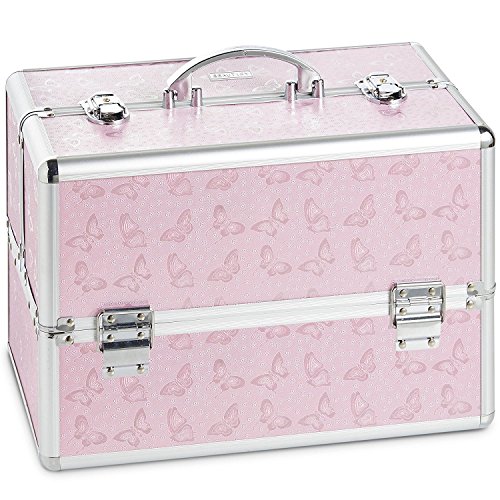 Beautify Large Pink Butterfly Professional Makeup Cosmetic Organizer Train Case 14" Lockable Storage Box with Dividers