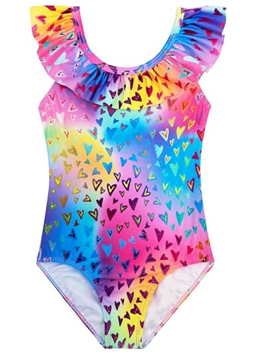 Image of XiaoMoSha Girls Swimsuits Ruffled Round Neck One Piece Bathing Suits Quick Dry UPF 50+ Summer Hawaii Swimwear for Kids 3-10T