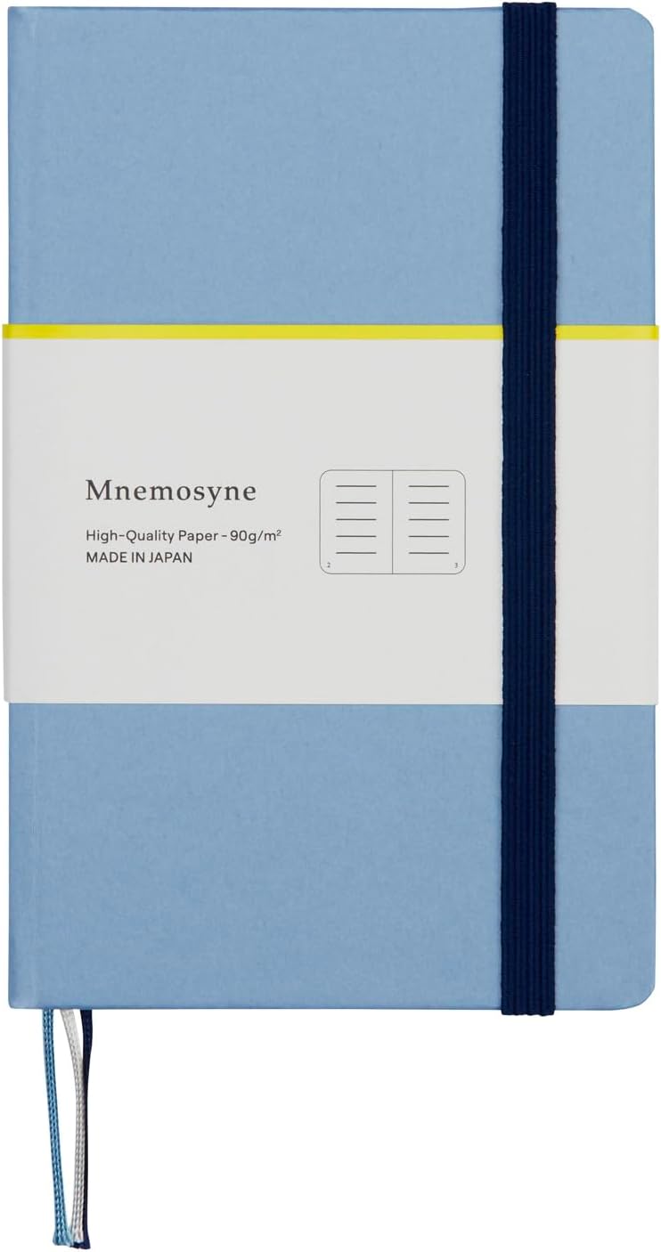 Maruman Mnemosyne Lined Journal- A6, 5.71" x 3.74", 80 Sheets / 160 Pages, 6.5mm Narrow Ruled Notebook, Book-bound With Premium Light Blue Hardcover, Includes Bookmark & Elastic Closure, Made in Japan