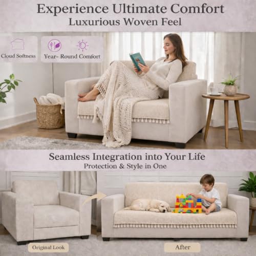 Image of STITCHNEST Beige Chenille Sofa Cover 24x30 Inch - Soft, Durable & Textured Fabric with Tassels | Sofa for Living Room, Bedroom, or Drawing Room