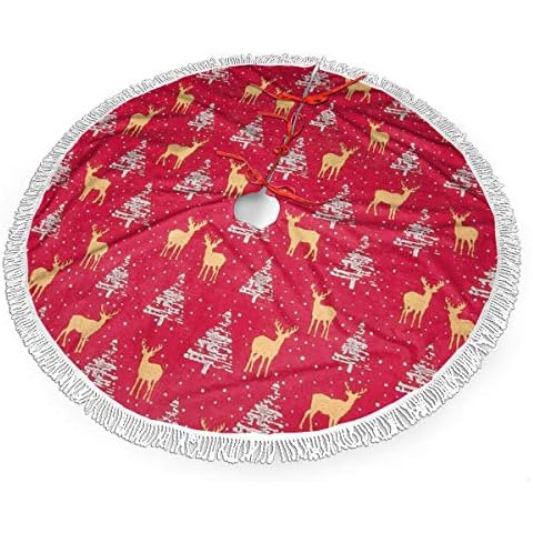 TMVFPYR Christmas Tree Skirt 48 inches Gold Reindeer Silver Trees Xmas for Party Holiday Decorations Cover