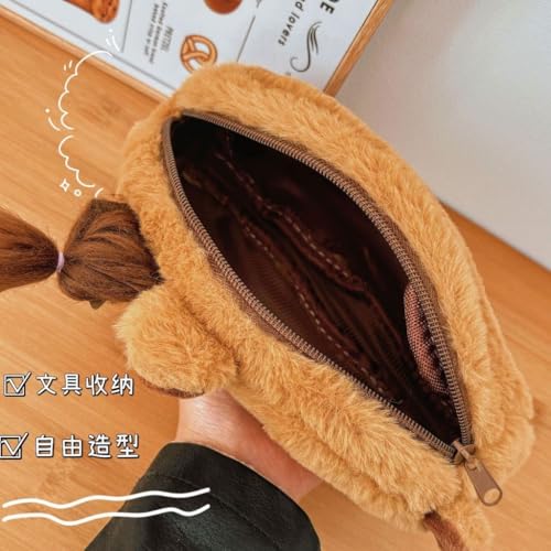 Image of HSYHERE Cute Novelty Funny Calm Down Flying Hairs Capybara Soft Stuffed Surface Fluffy Clothes Zipper Pencil Box Pencil Case Pencil Storage Holder Pouch Pen Bag -Brown