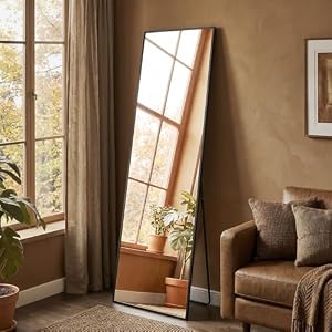 SONGMICS Ganzkörperspiegel, 150 x 40 cm, rechteckiger Standspiegel, Rahmen aus Aluminiumlegierung, Hartglas, quadratische Ecke, für Schlafzimmer, Wohnzimmer, Garderobe, tintenschwarz LFM054BD01