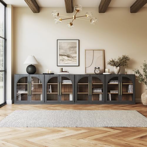 Image of BELLEZE 2-Piece 65 inch Arched Sideboard with Glass Door, Accent Buffet Cabinet with Storage and Adjustable Shelves, Classic Modern Large Console for Living Room Kitchen Entryway (Ebony)